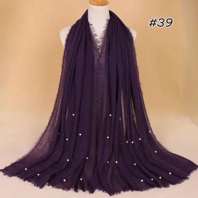 Plain Crinkled Cotton Muslim Hijab Scarf Women Ladies Scarfs Shawls Tassel Head Wrap Pearl Beads Head Scarves Soft Muffler Stole