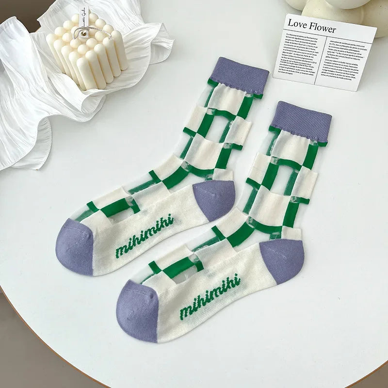 Plaid Sexy Lace Transparent Woman Socks Summer Breathable Ultra-Thin Socks Women Korean Harajuku Streetwear Crystal Silk Socks