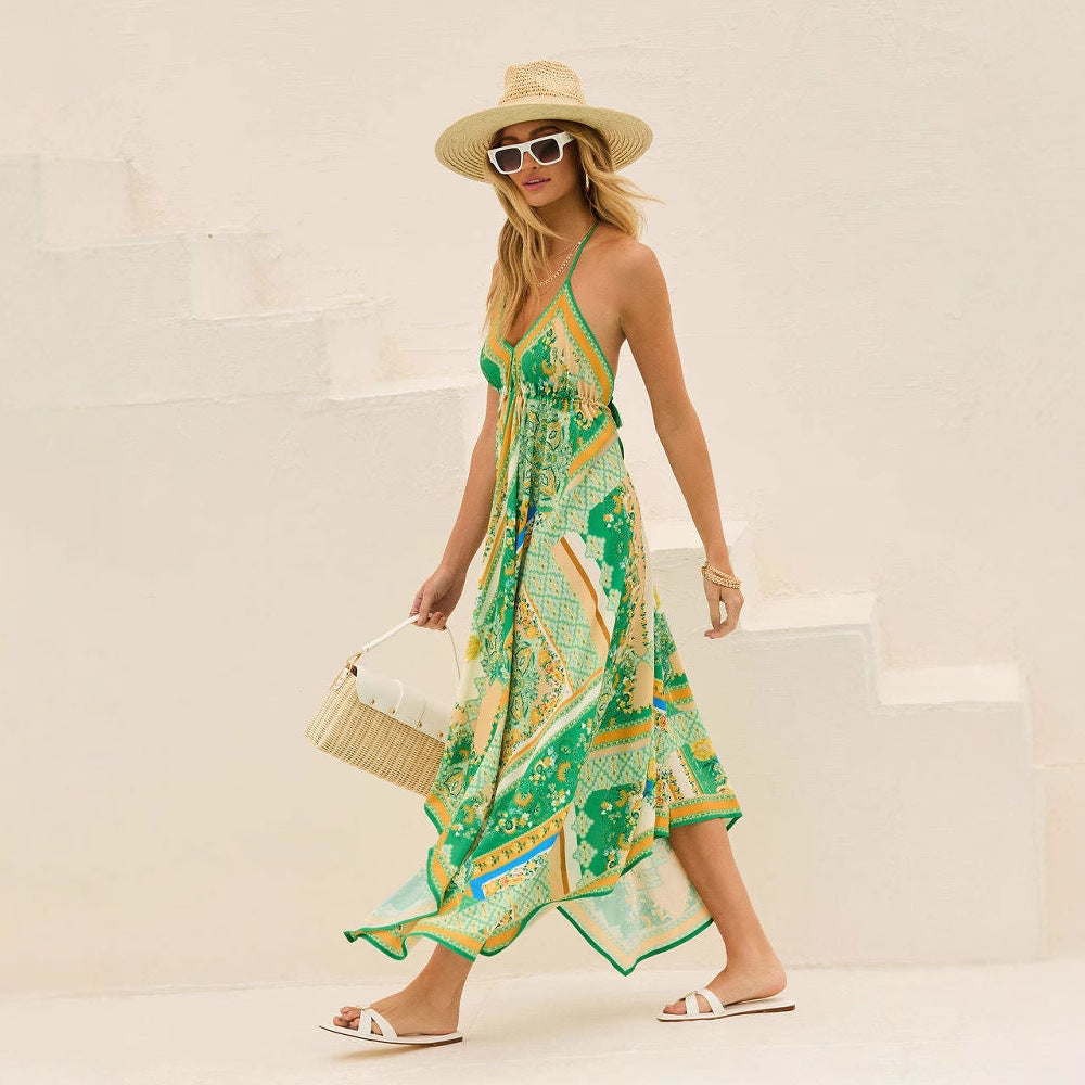 Off-the-shoulder V-neck Spaghetti-strap Floral Print Large Swing Dress